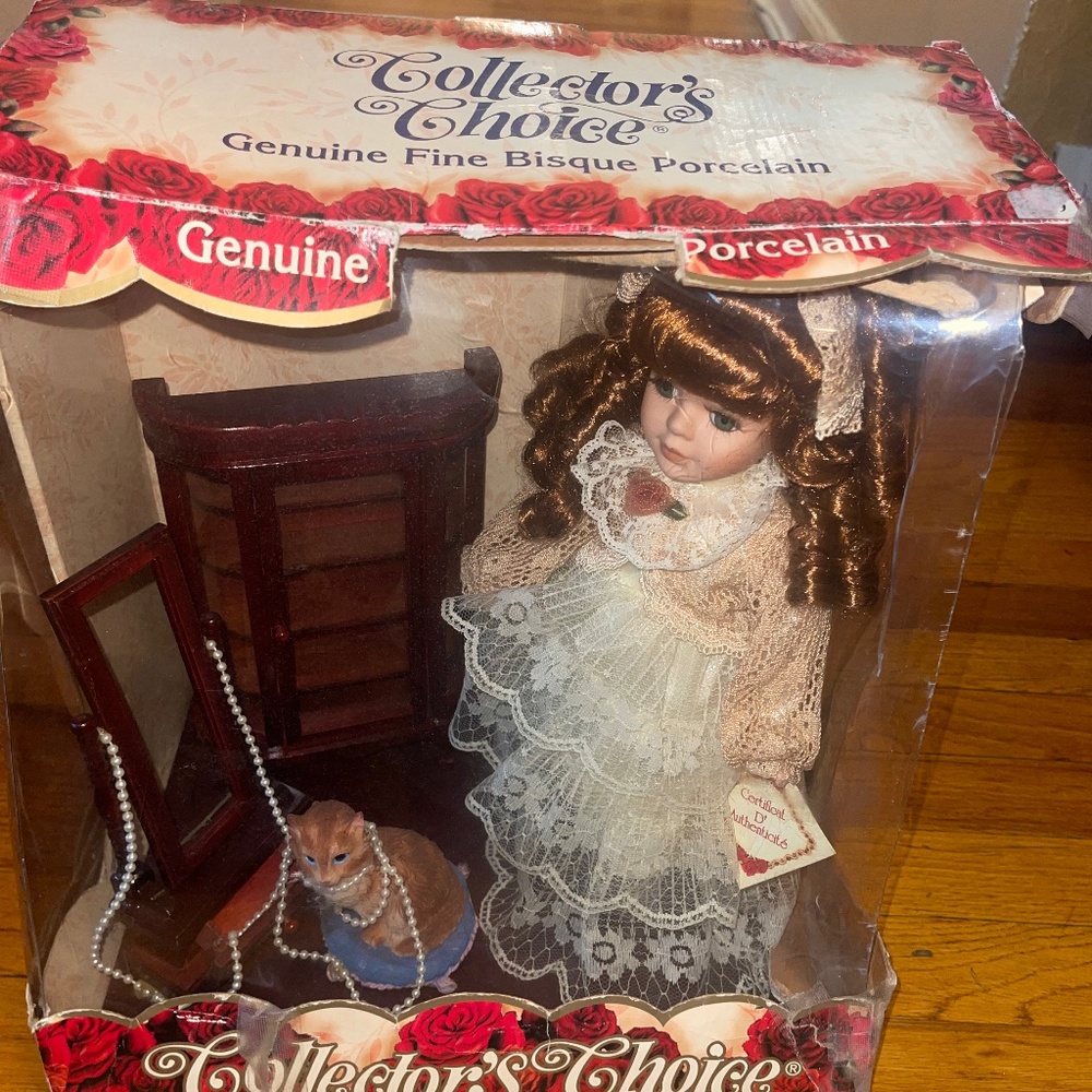 Fine Bisque Porcelain Doll with Cat- Unopened still sealed.